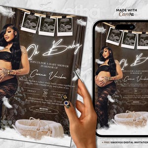May include: A digital baby shower invitation featuring a pregnant person in a black outfit. The invitation includes the text "Oh Baby" and details for the event, along with ultrasound images and a decorative basket.