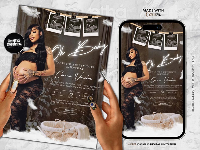 May include: A digital baby shower invitation featuring a pregnant person in a black outfit. The invitation includes the text "Oh Baby" and details for the event, along with ultrasound images and a decorative basket.