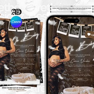 May include: A baby shower invitation featuring a pregnant woman in a black outfit. The invitation includes the text "Oh Baby" and details for the event, including the name "Carena Vonchae" and the date. The design is brown and gold with decorative elements.