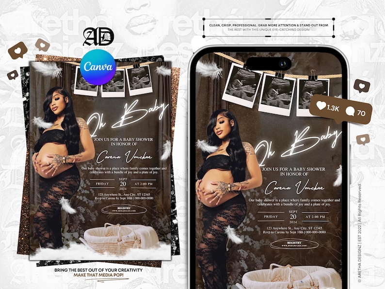 May include: A baby shower invitation featuring a pregnant woman in a black outfit. The invitation includes the text "Oh Baby" and details for the event, including the name "Carena Vonchae" and the date. The design is brown and gold with decorative elements.