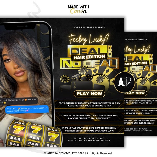 Deal Or No Deal Flyer | March Booking Flyer, Hair Flyer, Install, Braids, MUA, Lash, St. Patricks Day, Premade Business Flyer, Edit In Canva