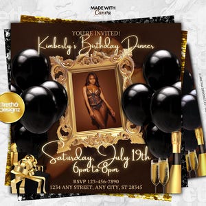 Birthday Flyer | Birthday Dinner Invitation Digital Birthday Party Invitation Bday Template DIY Brown & Gold Premade Flyer Edit in Canva
