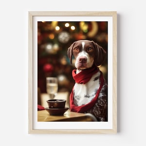 May include: A brown and white dog wearing a red scarf sits at a table with a cup and saucer. The dog is looking at the camera. The background is blurry and out of focus, but it appears to be a Christmas scene.