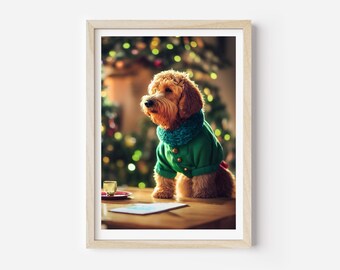 Op de afbeelding: Een bruine en witte hond met een groene trui en een blauwe sjaal zit voor een kerstboom met lichtjes. De hond kijkt naar links.