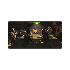 May include: A group of people wearing masks and casual clothing are sitting around a green felt table playing cards. The table is lit by a green lamp hanging from the ceiling. There are chips and cards on the table.