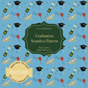 Examen Seamless Pattern PNG (Ljusblå) - Retro Grad Digital Paper - Grad Caps och Diploma Surface Pattern Design för Konstprojekt
