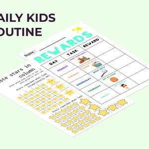 May include: A printable chart for kids to track their daily tasks and earn rewards. The chart has a yellow star reward system and includes tasks like packing away toys, putting dirty clothes in the hamper, brushing teeth, eating all food, and getting dressed. The chart is titled "Rewards" and has a space for a name at the top.