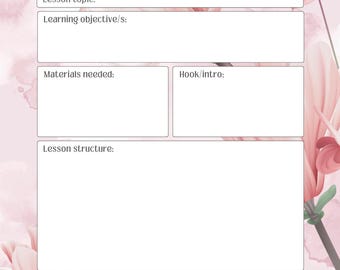 Op de afbeelding: Een printbare dagelijkse lesplan sjabloon met een roze bloembedrukte achtergrond. De sjabloon bevat secties voor klas, vak, datum, lesonderwerp, leerdoelen, benodigde materialen, haak/introductie, lesstructuur en afsluiting.