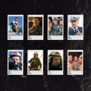 May include: A collection of eight Polaroid-style photos featuring actors in military-themed attire. The images showcase individuals in flight suits, naval uniforms, and pilot helmets, with the word "BOB" visible on some helmets.