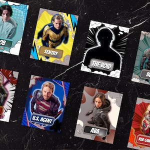 Op de afbeelding: Verzameling ruilkaarten met personages als Bob, Sentry, The Void, Bucky, Yelena, U.S. Agent, Ava en Red Guardian. Elke kaart heeft een karakterafbeelding en naam in een stripboekstijl met levendige kleuren en dynamische ontwerpen.