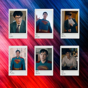 Peut inclure: Un collage de six photographies de style polaroïd montrant une personne aux cheveux bruns dans diverses scènes. Les images présentent une personne en costume avec des lunettes, en costume de super-héros bleu avec cape rouge et emblème jaune.