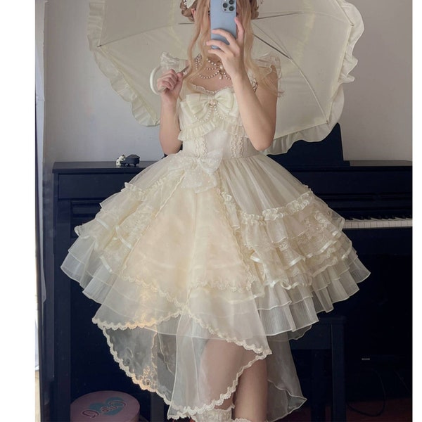 Beige/White/Black Fairy Mesh JSK Lolita Dress, Sweet Bow Tiered Ruffle Chiffon JSK Lolita Dress, Lolita Party Fashion Dress With Headdress.