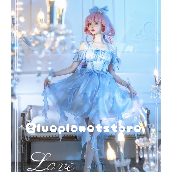 Robe lolita bleue de rêve méduse, robe lolita jsk bleu fée à la taille, robe de soirée lolita pour adulte avec nœud, robe lolita taille haute
