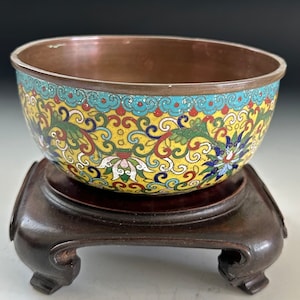 Antique Chinese Handmade Colorful Floral Cloisonné Enamel Copper Bowl