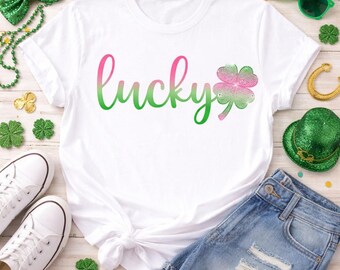 Lucky Shamrock PNG, Pink Green Glitter Clover, St Patricks Day Transfer (Digital Download)