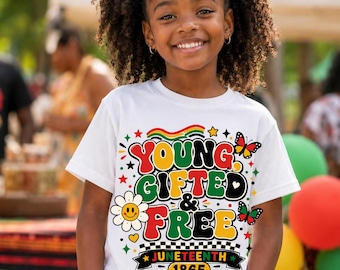 Juneteenth Kids PNG, Young Gifted and Free PNG, Retro Groovy Juneteenth 1865 Sublimation Design, Black History Shirt Digital Download