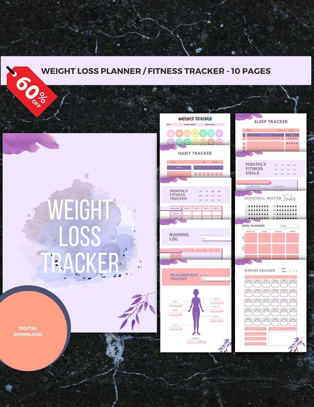 Colorful Printable Weight Loss Journal PDF Digital Weight Loss Tracker Weight Loss Goal Habit