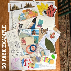 Paquete de manualidades misteriosas lleno de material efímero para diarios basura, álbumes de recortes, collages y mucho más. Paquetes de 25 o 50 piezas.