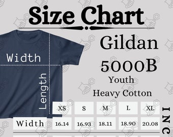 Gildan 5000B Größentabelle, Kinder-Größentabelle, Gildan 5000B Mockup und Größentabelle für Kinder