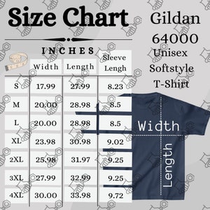 Gildan 64000 Tabla de tallas, Mockup de camiseta Unisex Estilo suave, Tabla de tallas de camiseta Impresión bajo demanda Descarga digital, Mockup y Guía de tallas.