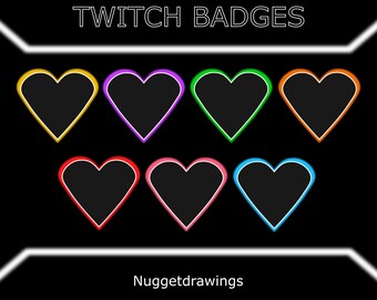 Może przedstawiać: Sześć odznak Twitch w kształcie serca z różnymi kolorowymi obramowaniami: żółtym, fioletowym, zielonym, pomarańczowym, czerwonym i różowym. Odznaki znajdują się na czarnym tle z tekstem "TWITCH BADGES" u góry i "Nuggetdrawings" na dole.