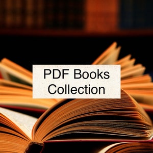 May include: A close-up of a stack of open books with the text "PDF Books Collection" on a white label. The books have yellowed pages and are arranged in a library setting.