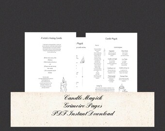 May include: Black and white printable PDF pages with instructions for candle magic, including a witch's healing candle, how to interpret candle flames, and a list of magick for spells and wishes.