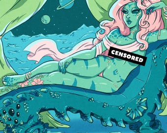 Alien Pin-Up Art Print | NSFW Retro Sci-Fi Boudoir Decor | Sexy Cute Pin-up Art