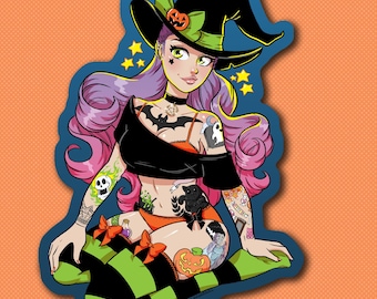 Witch Pin-Up Sticker | Spooky Cute Halloween Fan Girl | Sexy Cute Pin-Up Art