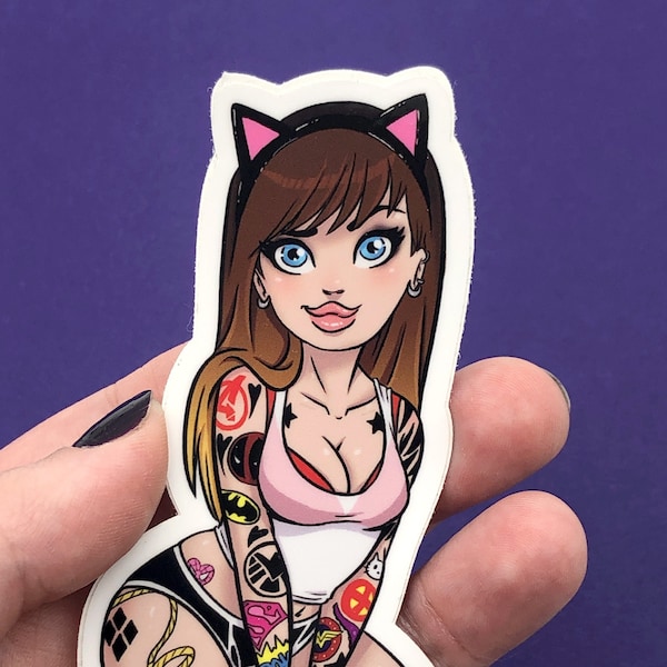 Tattooed Ultimate Comic Books and Movies Fan Girl Sticker | Sexy Cute Pop Culture Pin-up Art | Die Cut Sticker