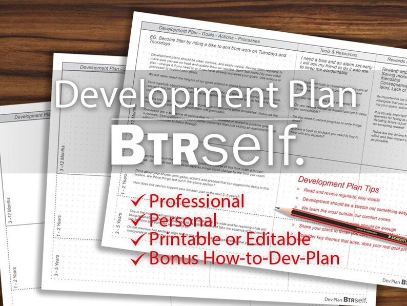 May include: A stack of printable development plan sheets with the text "Development Plan BTRself." The sheets include sections for goals, actions, and processes. Features include professional, personal, printable, and bonus how-to-dev-plan.