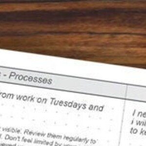 May include: A white printed planner page with the title "Development Plan - Goals - Actions - Processes" on a wooden surface. The text includes "Become fitter by riding a bike" and "Tools & Resources".