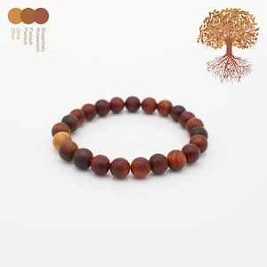 Könnte beinhalten: Ein Holzperlenarmband mit verschiedenen Brauntönen. Die runden Perlen sind aufgefädelt und bilden einen Kreis. Das Armband wird auf weißem Hintergrund präsentiert. Das Bild enthält auch eine Farbpalette und eine Baumillustration.