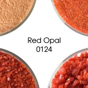 May include: Four glass bowls filled with red and orange materials, including a fine powder and various sizes of gemstones. The text "Red Opal 0124" is displayed in the centre of the image.