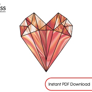 May include: A geometric heart-shaped stained glass design with a red, orange, and white marbled pattern.  The design is outlined in black.