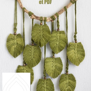May include: A digital template for macrame leaf wall hangings. The template is available in DXF, AI, LBRN, SVG, and PDF formats. The image shows a finished macrame wall hanging with green leaves and brown beads.