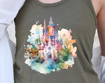 Disney Princess Castle Racerback Tank, Watercolor Effect Disney Shirt, Disneyworld Trip Tank Tops, Disney Women Racerbacks, Matching Tank