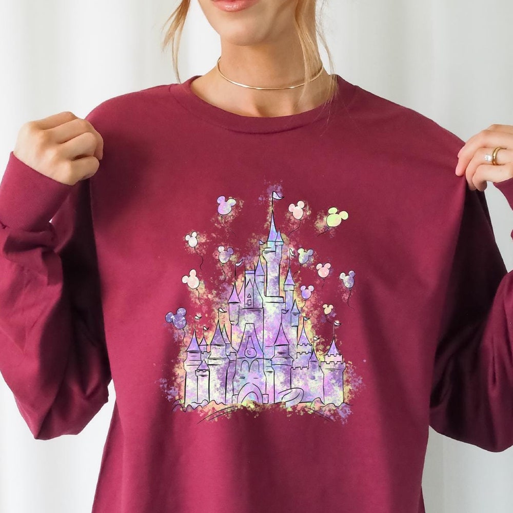 Disney Castle Matching Long Sleeve, Disney Ladies Trip Shirt, Disneyworld Vacation Ears Balloon Long Sleeve, Watercolor Effect Disney Long S New Fashion