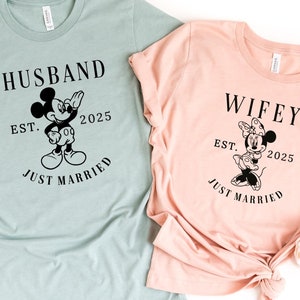 Disney Wifey Husband Tee, Mickey Minnie Just Married Shirt, Gift Shirts for Newlyweds, Couple Shirts, Honeymoon Tee,Disney Wedding Tee