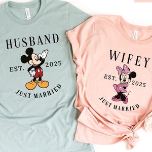 Disney Wifey Husband Shirts, Mickey Minnie Just Married Tee, Gift Shirts for Newlyweds, 2025 Colorful Couple Tee, Honeymooners Gift Tee