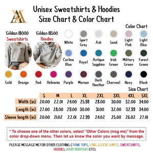 May include: Unisex Gildan 18000 sweatshirts and Gildan 18500 hoodies size chart and color chart. The chart shows sizes from S to 5XL with measurements in inches for width, length, and sleeve length. The color chart shows a variety of colors including white, grey, ash, sand, light pink, light blue, carlina blue, royal blue, antique sapphire, Irish green, military green, forest green, gold, orange, red, heliconia, purple, maroon, dark heather, charcoal, navy, and black.