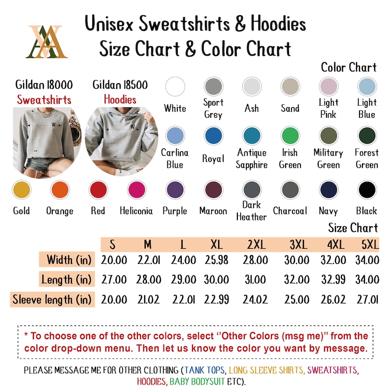 May include: Unisex Gildan 18000 sweatshirts and Gildan 18500 hoodies size chart and color chart. The chart shows sizes from S to 5XL with measurements in inches for width, length, and sleeve length. The color chart shows a variety of colors including white, grey, ash, sand, light pink, light blue, carlina blue, royal blue, antique sapphire, Irish green, military green, forest green, gold, orange, red, heliconia, purple, maroon, dark heather, charcoal, navy, and black.