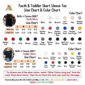 May include: Size chart for youth and toddler short sleeve t-shirts in Bella + Canvas 3001Y and 3001T styles. The chart shows measurements in inches for width and length. Color chart includes options like Heather Mauve, True Royal, Heather Team Purple, and Kelly.