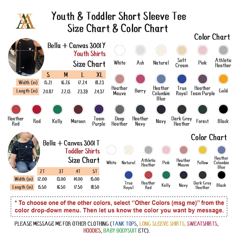May include: Size chart for youth and toddler short sleeve t-shirts in Bella + Canvas 3001Y and 3001T styles. The chart shows measurements in inches for width and length. Color chart includes options like Heather Mauve, True Royal, Heather Team Purple, and Kelly.