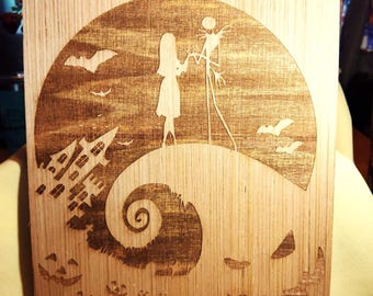 Handmade Nightmare B4 Christmas Jack and Sally ring proposal wood burned art SHIPS FREE