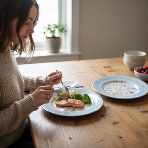 May include: A light blue plate with a decorative border holds a portion of salmon, broccoli, and other vegetables. Another plate with a similar design sits nearby. A person is eating at a wooden table. A bowl of berries and a stack of bowls are also on the table.