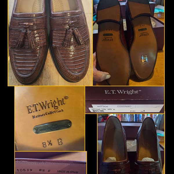 New 1990's E.T. WRIGHT Cognac Men's Genuine Lizard Tassel Loafers, made in Spain. Ships Free