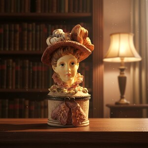 May include: A decorative ceramic trinket box shaped like a woman's head and shoulders, wearing a hat with a large bow. The box is beige with pink and brown accents, and the woman's face is painted with delicate features. The background includes a bookshelf and a lamp.