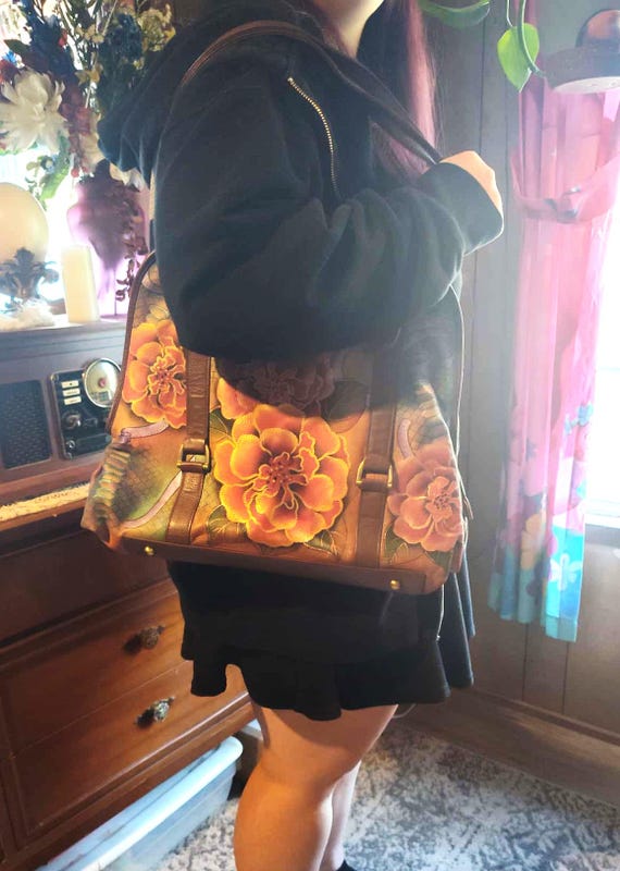 1990's Anuschka Python Bloom Floral Large Hand pa… - image 1