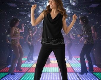 Rare 1970s Betsy A Dam by Jas Lene Disco Carwash Set Black Studded Pants & Cowl Neck Top SHIPS FREE